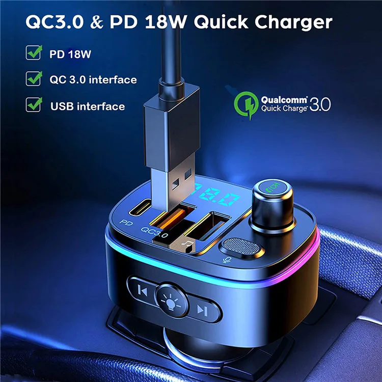  T65 Wireless -Compatible FM Transmitter for Car QC3.0 Type-C PD Fast Charger Radio Adapter Kit with