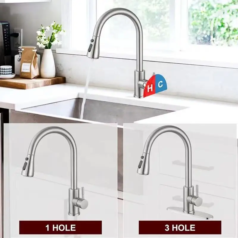 LULUMOM Black Stainless Steel Pull Out Kitchen Sink Faucet Smart Hot Cold Water Single Handle Sprayer Ceramic Valve Core Sink