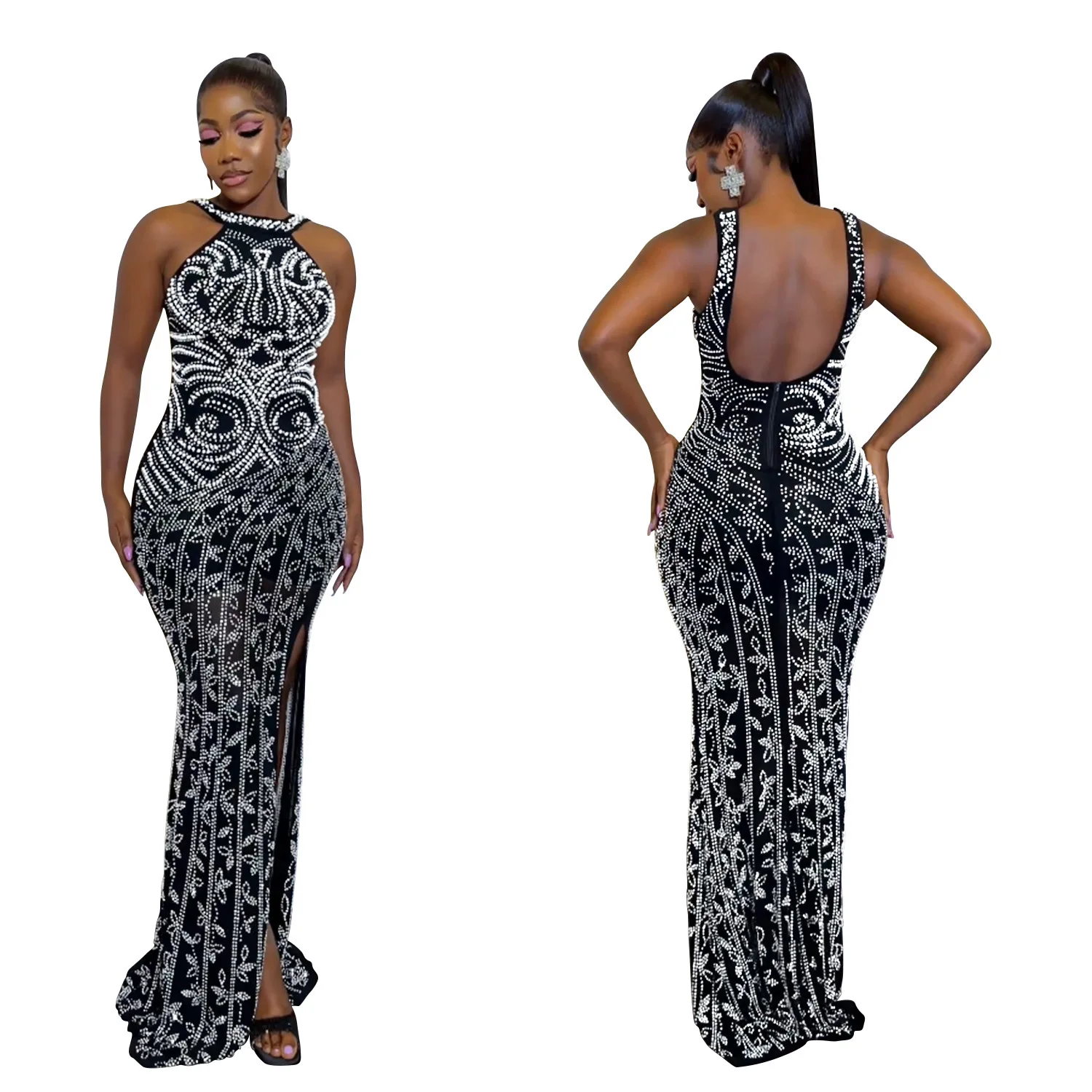 Fashion Party Wear Gowns for Women Dresses Solid Color Hot Drill Split Backless Long Elegant Evening Dresses 2023