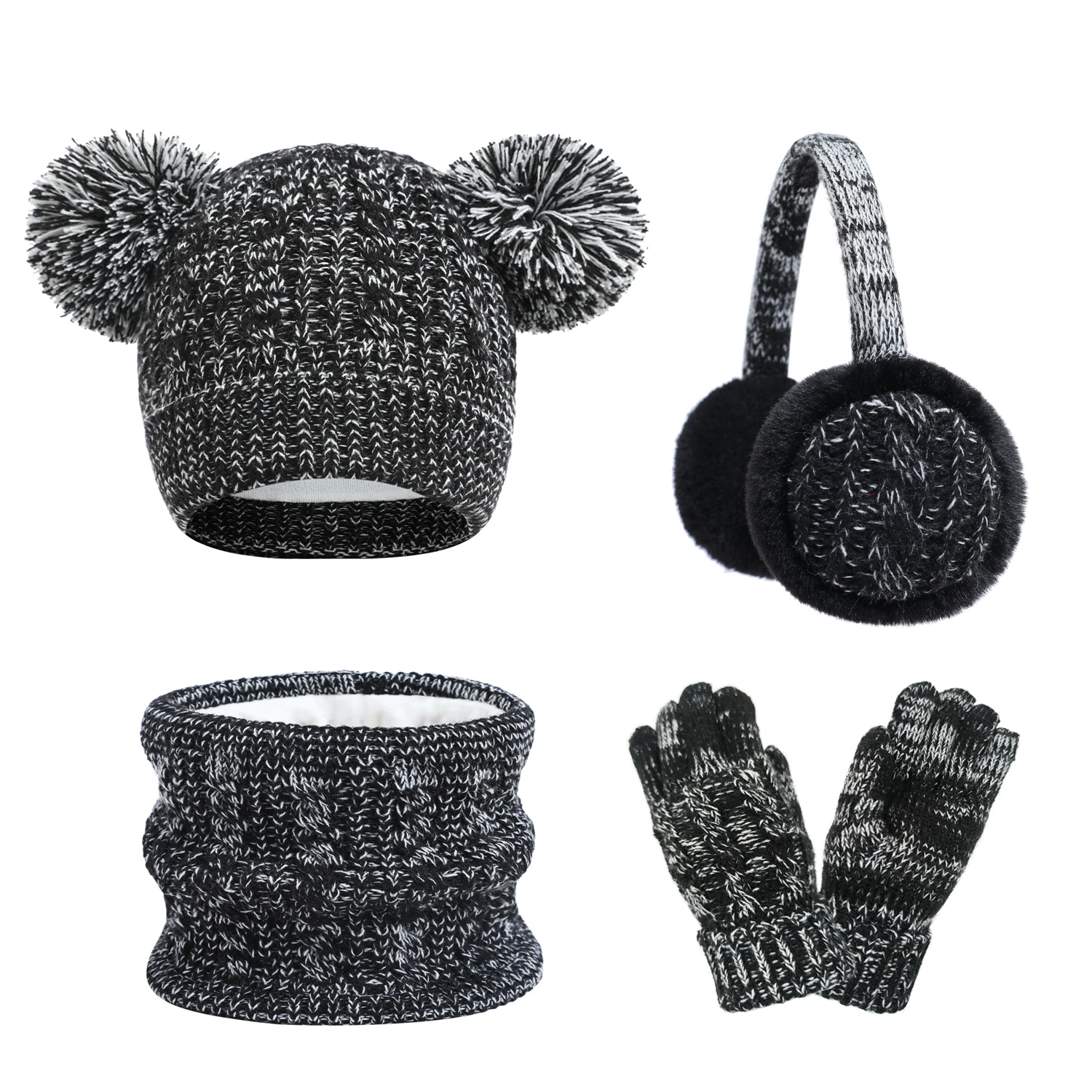 Knitted Hat Scarf Gloves Earmuffs Set Pompom Knitted Beanie Hat For Winter