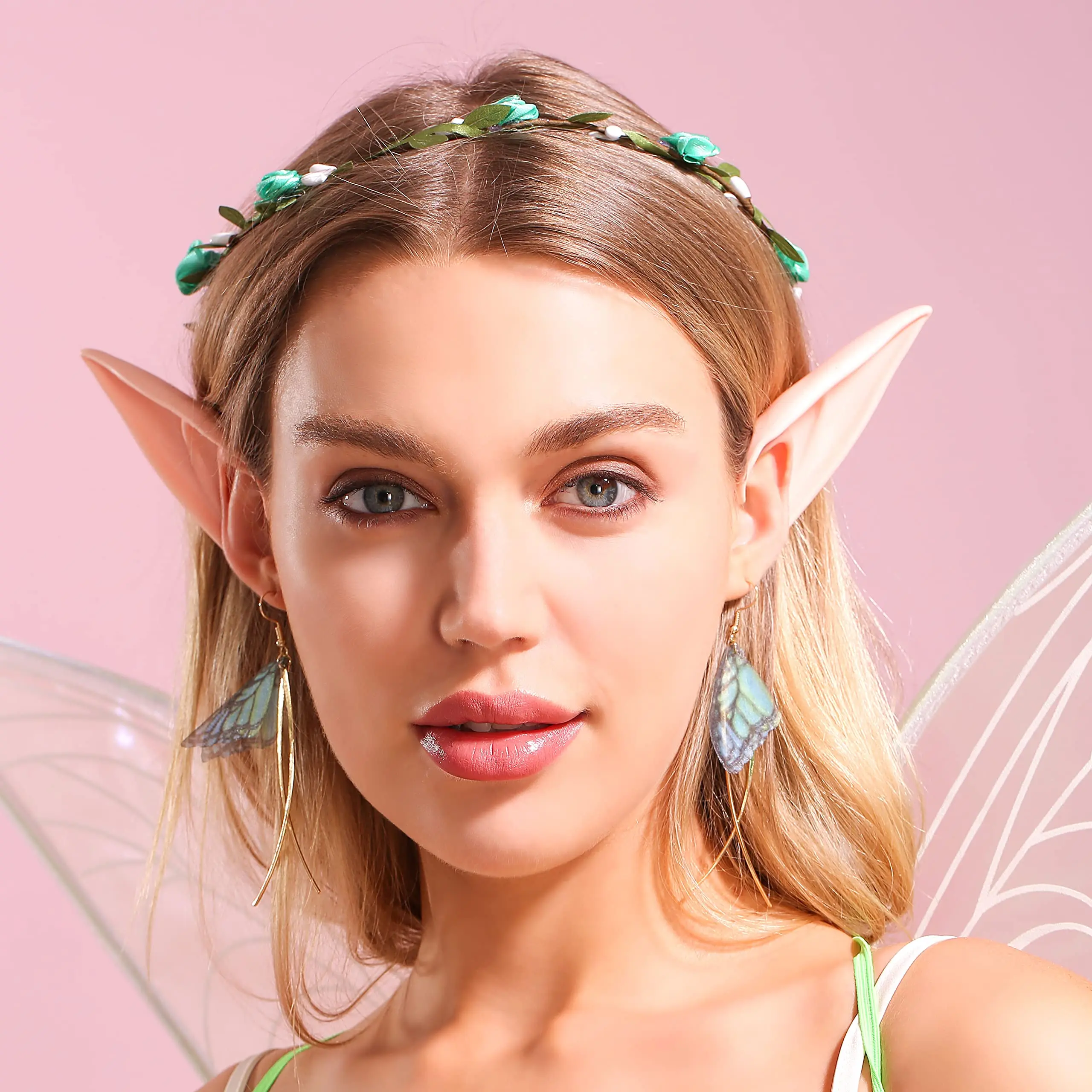 Cosplay Costume Green Fairy Wings Elf Ears Floral Headband Crown Adult Women Fairy Outfit Party Accessories