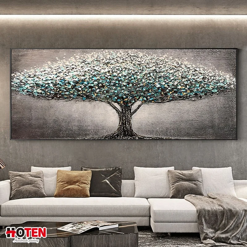 Hand painted big tree oil painting   Modern gray tone art paintings   large customized size decorative painting