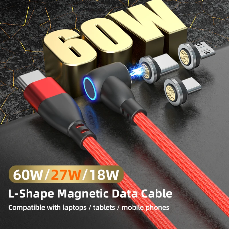 90 Degree TYPE C Magnetic Charging Cable | 3 in 1 L Shape Data Cable Compatible With Micro USB Type C Android  iPhone
