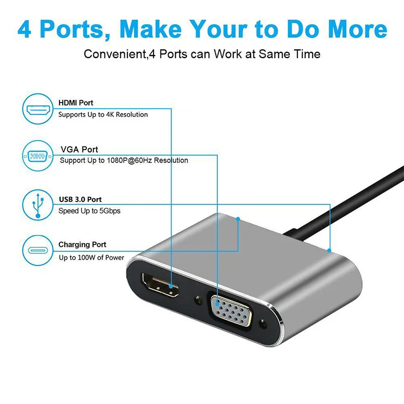  Адаптер 4 в 1 с USB Type-C на 4K HDMI VGA алюминиевым корпусом для планшетного
