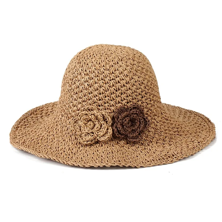 Women Fashion Hats Packable Paper Straw Hand Crochet Sun Hat Wide Brim Floppy Dress Beach Hats with Flowers