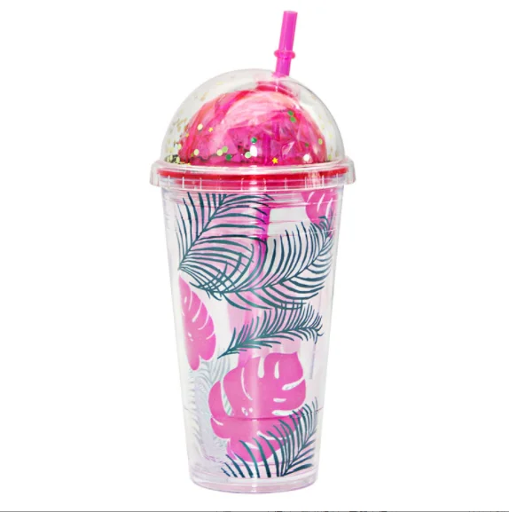 New Arrival Bpa Free Double Wall Plastic Floral Leaf Acrylic Tumbler Cup With Dome Lid And Straw