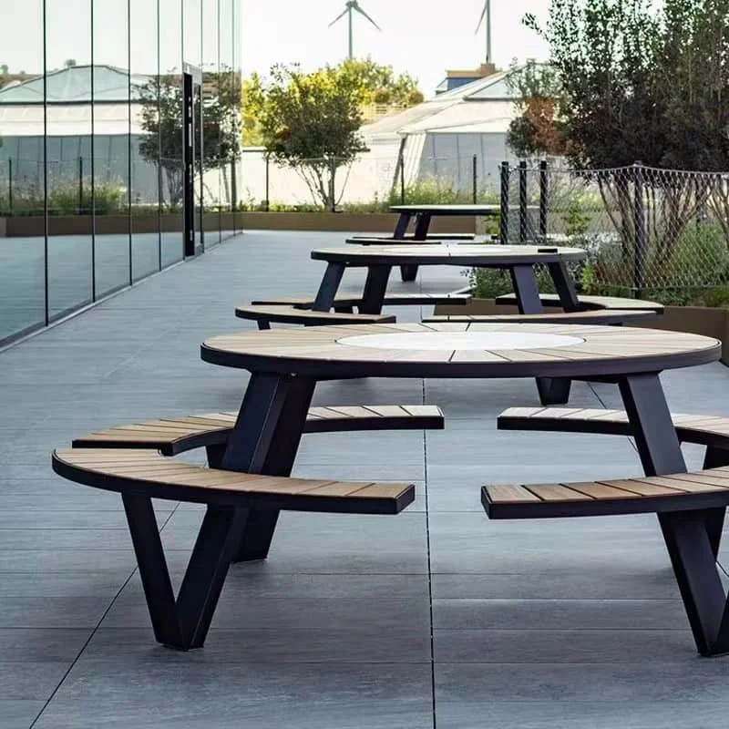Street Round Bench Chair Table Set Restaurant Wooden Table Bench Seats Aluminum Modern Patio Picnic Bench