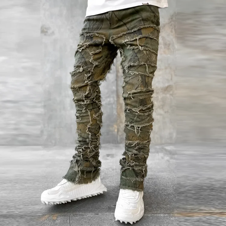 Hot sale streetwear men stacked jeans dark forest camo tree print skinny flared stacked jeans