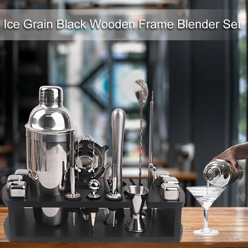 22-Piece Bartender Kit Drink Shaker Stainless Steel Cocktail Shaker Set with Black Wooden Stand