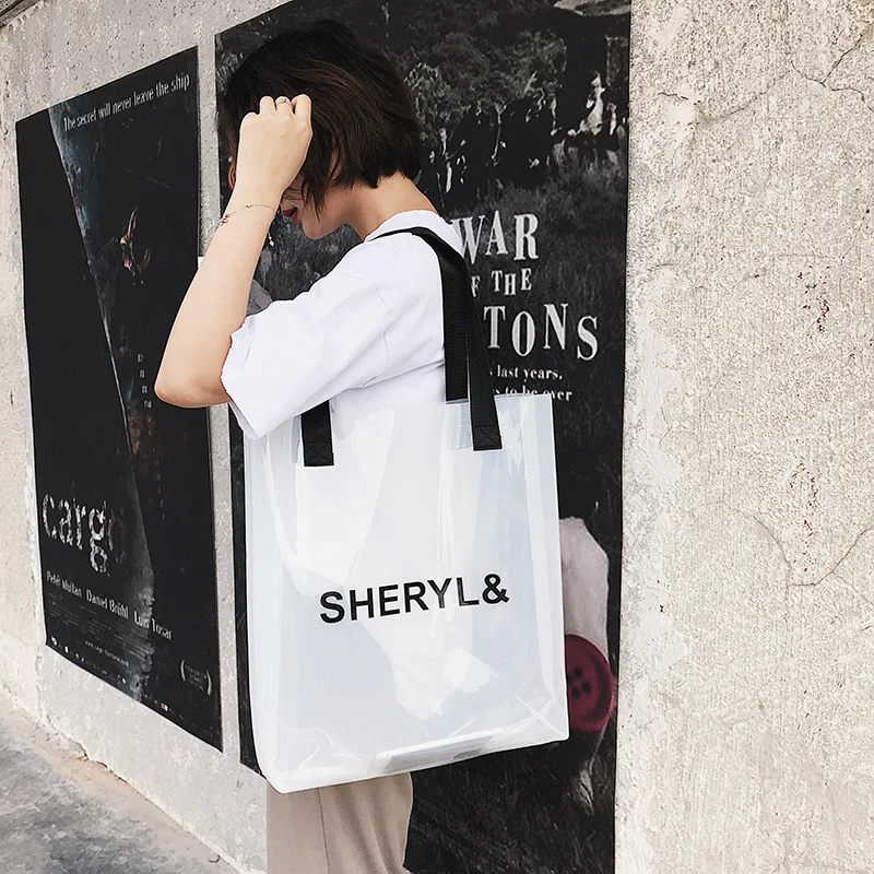 Fashionable Neon Black Custom Logo Transparent Waterproof Beach PVC Shopping Tote Bag