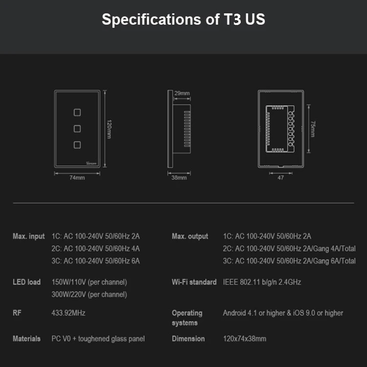 SONOFF T3 US 3C 433 RF Wifi Light Timer Switch Wireless 3 Gang APP/RF/Voice/Touch Control Smart Home Automation Work With Alexa
