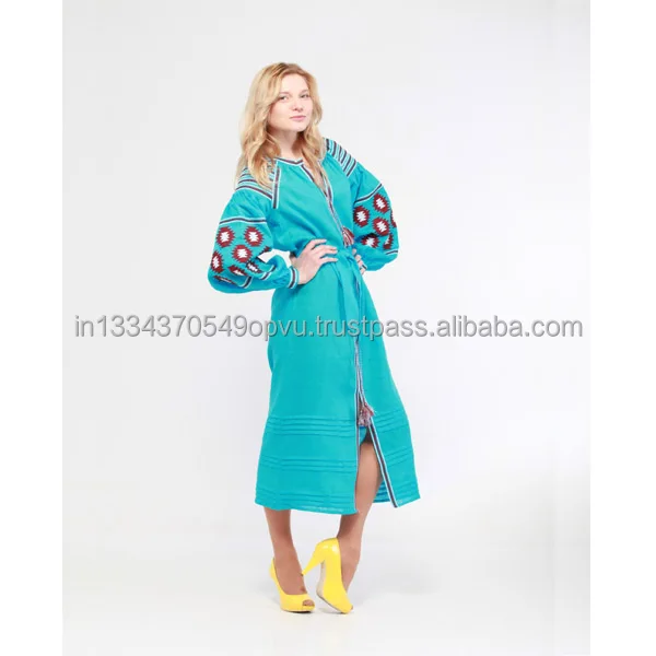 Hot Selling Exclusive Design Modern Fashion Sky Blue Women Long Dress Custom Embroidery Exquisite Patterns Hot Ukrainian Dress