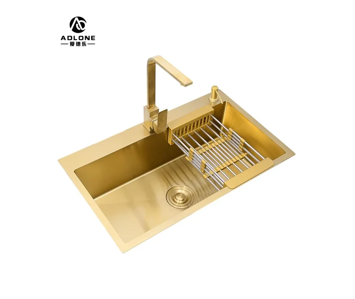 ADLONE Gold Luxury Stainless Steel Kitchen Sink Over or Under Counter 304 Stainless Steel Single Bowl Gold Basket Drainer Soap D