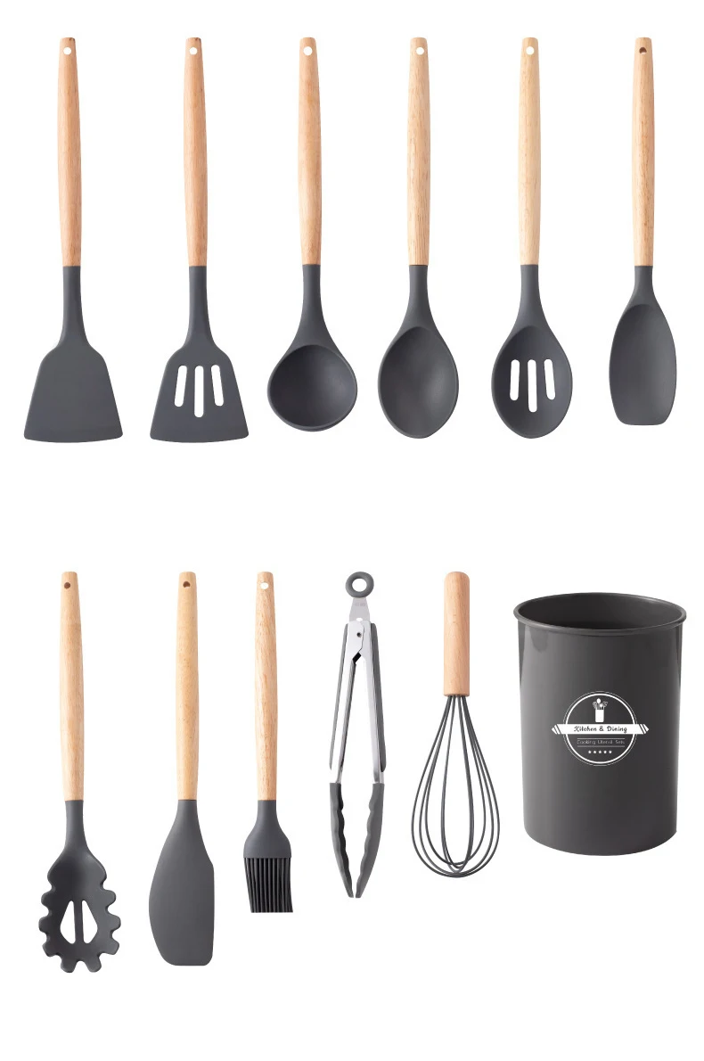 Cheap 12pcs set Silicone Kitchen Utensils Wooden Handle Non Stick Pot Baking Cooking Spoon Brush Silicone Sets