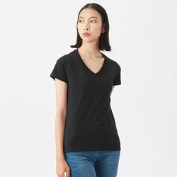 Wholesale 100% cotton fashion v neck logo custom embroidered tshirt women blank plain t-shirt printing
