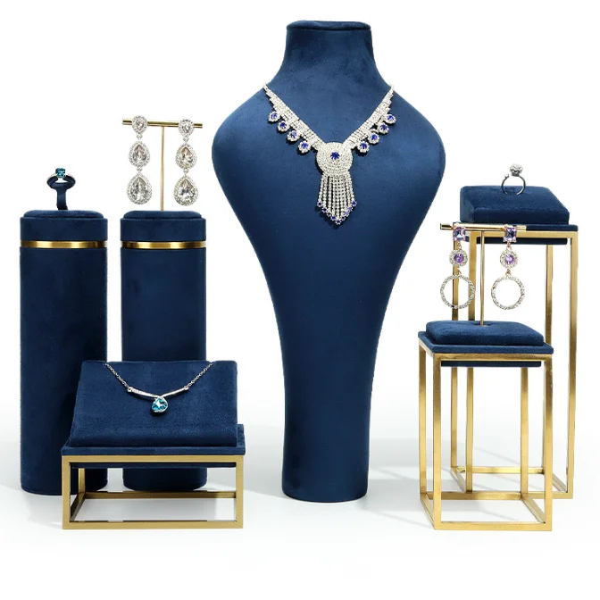luxury suede metal neck mannequin blue gray jewelry display props holder rack stands set for jewelry