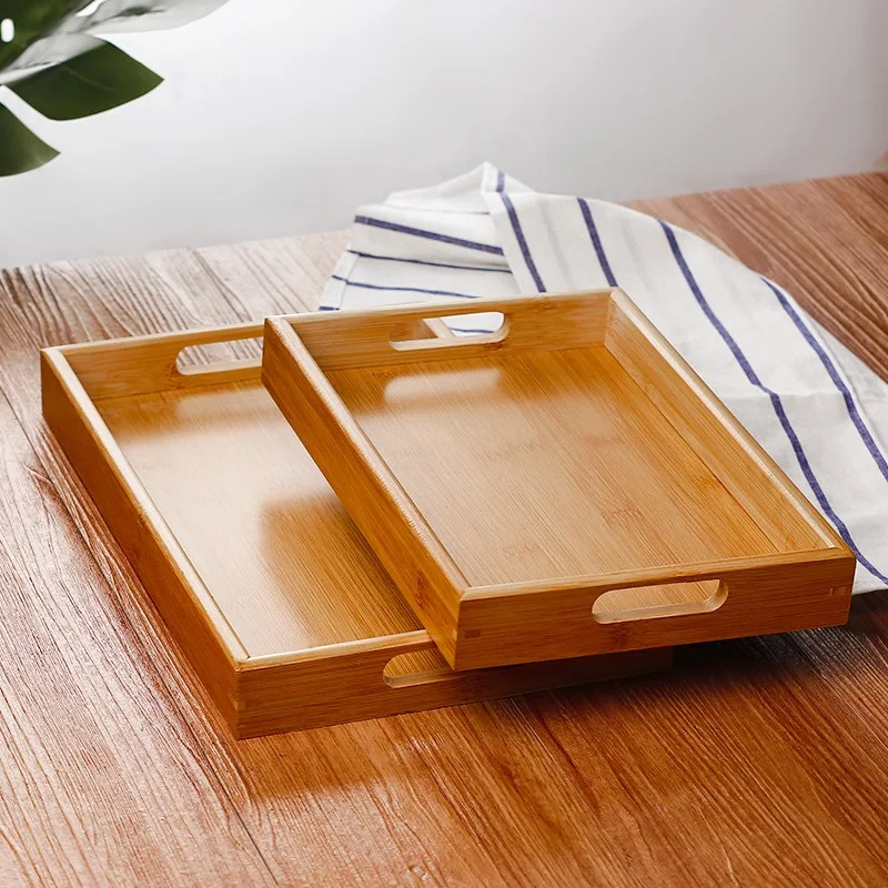 Decorative  Rectangular Wood Breakfast Dinner Food Couch Party Platters Natural Bamboo Serving Tray for Kitchen Eating Snacks