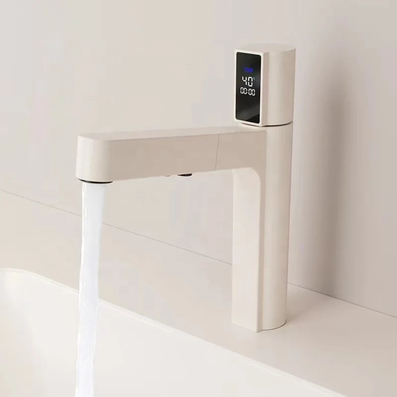 White Black Mounted Copper LED Digital Temperature Pullout Hot Cold Mixer Bathroom Bath Washing Basin Water Tap Basin Faucet