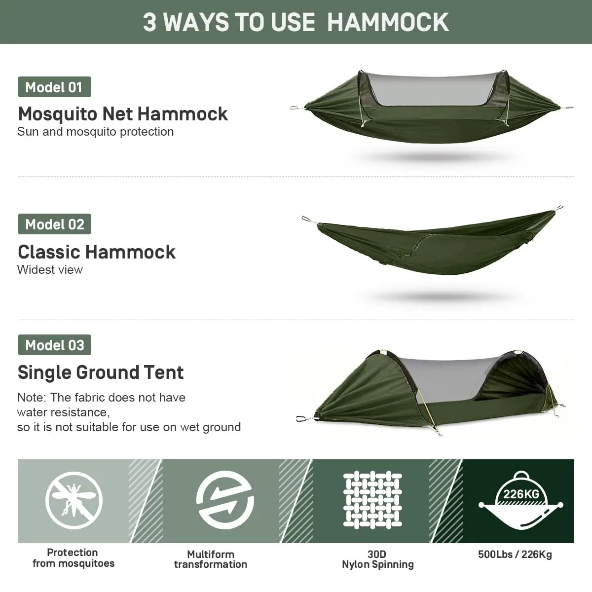 Aluminium Poles Camping Hammock with Mosquito Net, 3 in 1 Function Parachute Portable Hammock for Travel Outdoor