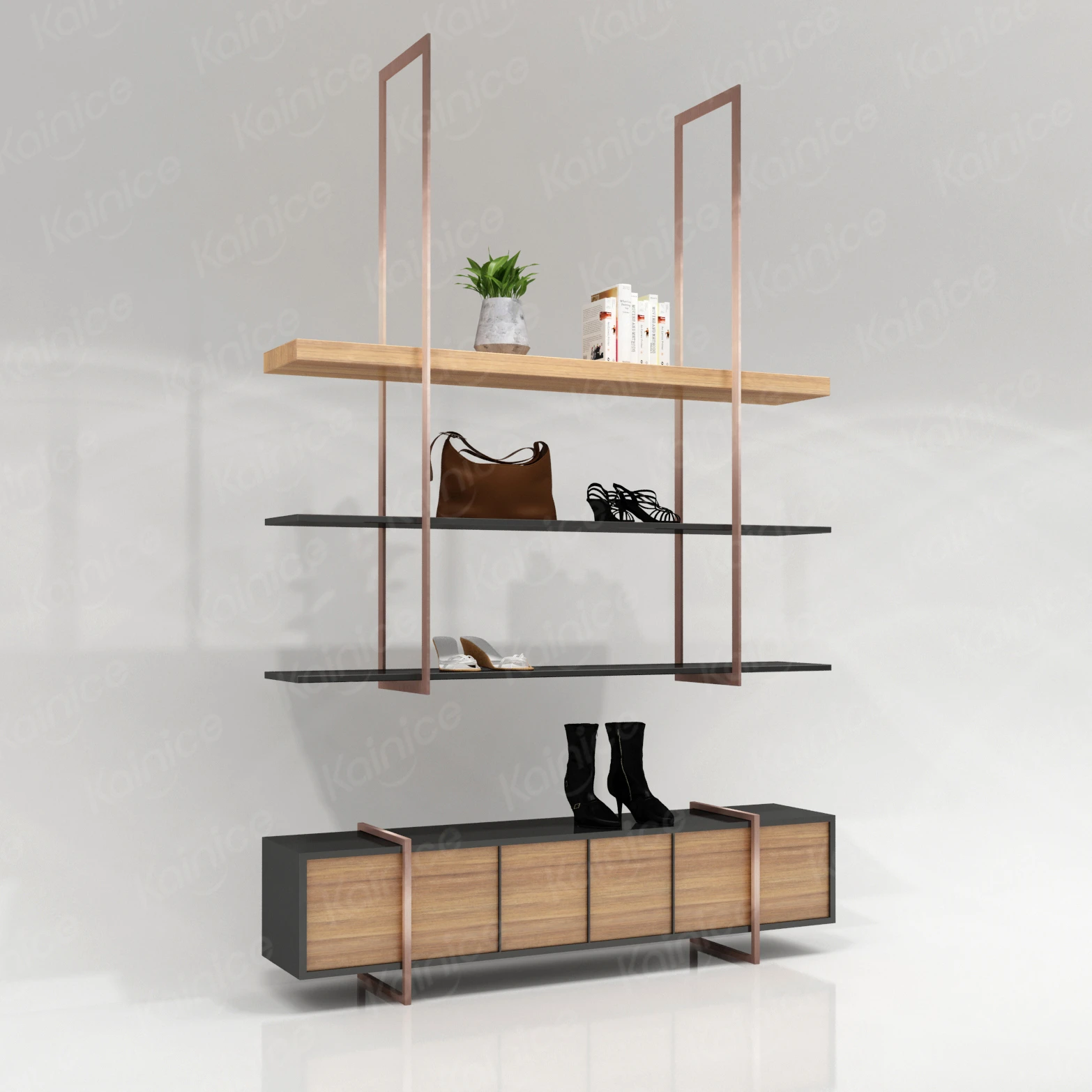 Kainice Store Fixtures Layout Design Shelf Shoe Stand For Display Retail Shelving Wall Mount Shoe Display Rack Handbag Display