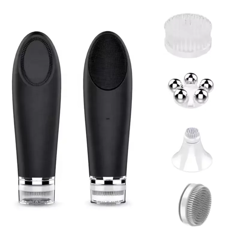 Multi-Function 4 In 1 Double Sided Soft Silicone Face Cleansing Brush Heating Electric Face Brush Vibrating Face Cleaning Brush
