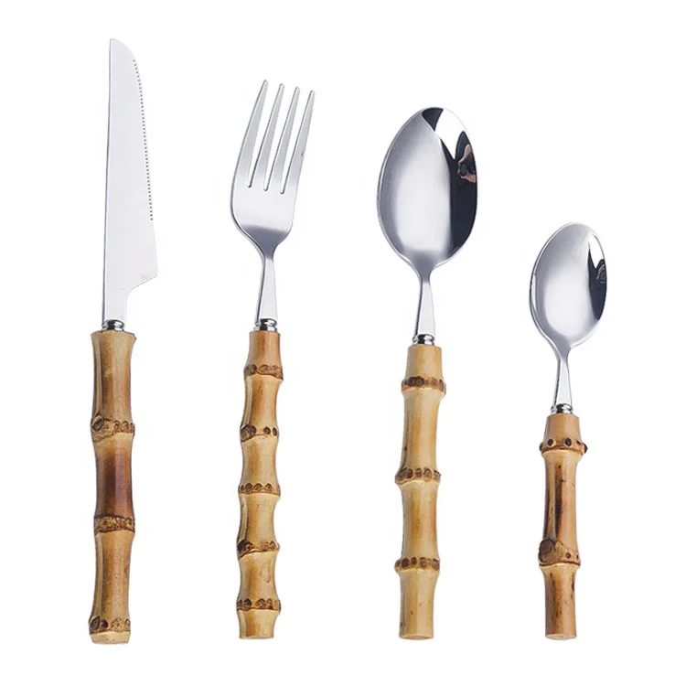 Reusable  Eco-friendly 18/10 stainless steel wooden cutlery set With bamboo handle
