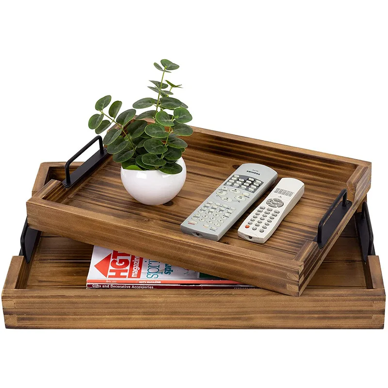 Metal Handle Wooden Distressed Colour American Food Coffee Breakfast Tray