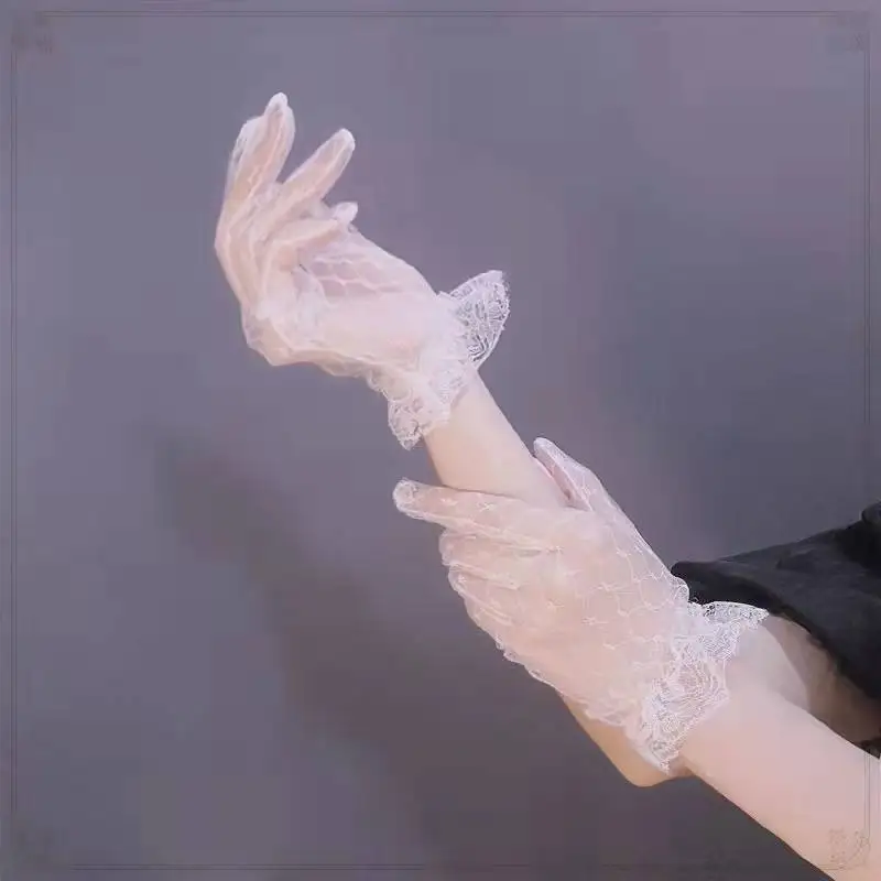 Japanese sweet mesh bridal gloves lace summer thin black and white gloves lolita flower wedding hand sleeves