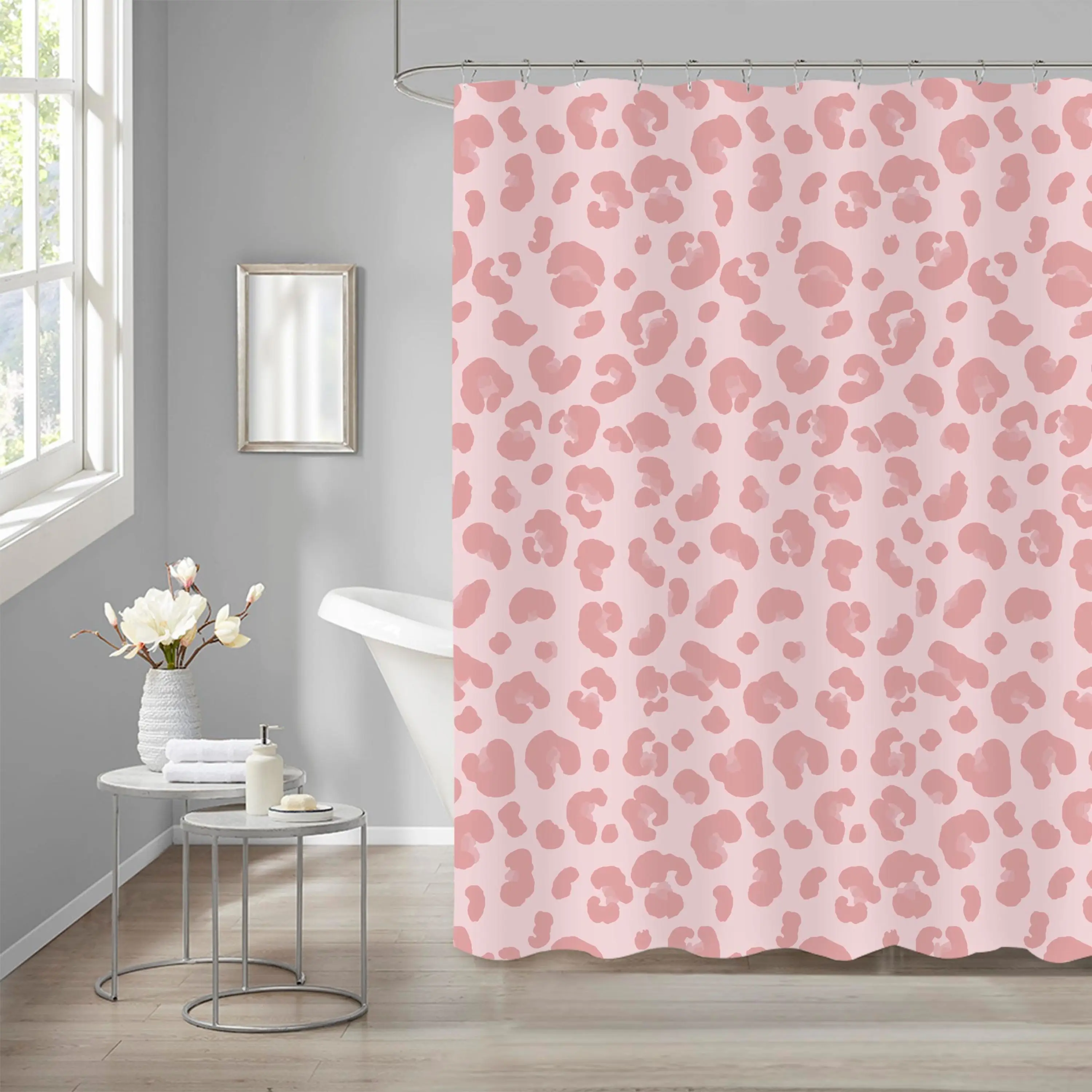 Skymoving New Pink Leopard Custom Stain-resistant Shower Curtain Fabric Waterproof Polyester Printed Shower Curtain for Bathroom