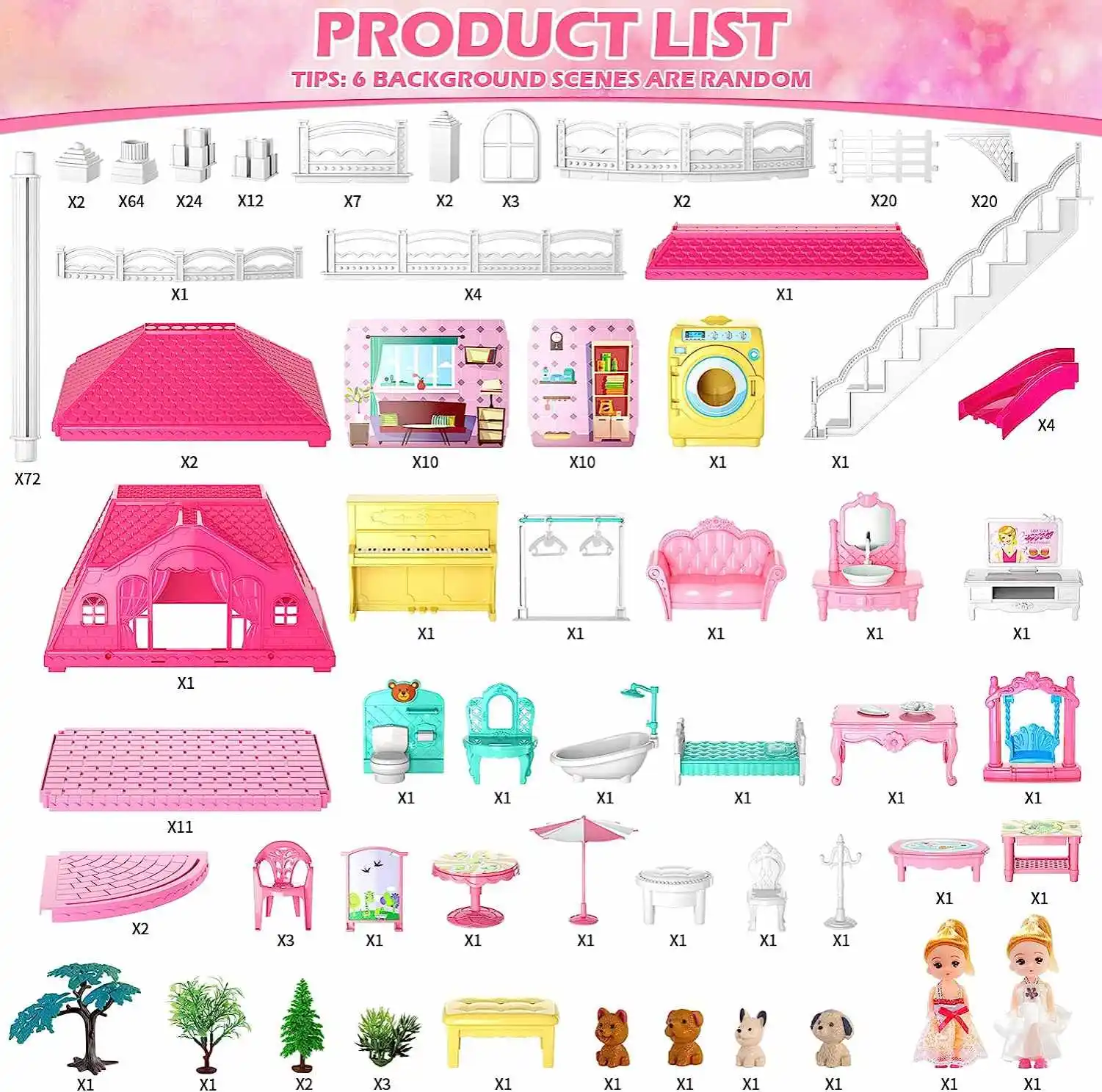 Pink Doll House Dream House Furniture 4 Stories 10 Rooms DIY Toddler Playhouse with 2 Princesses Model Toy Gift for Girls