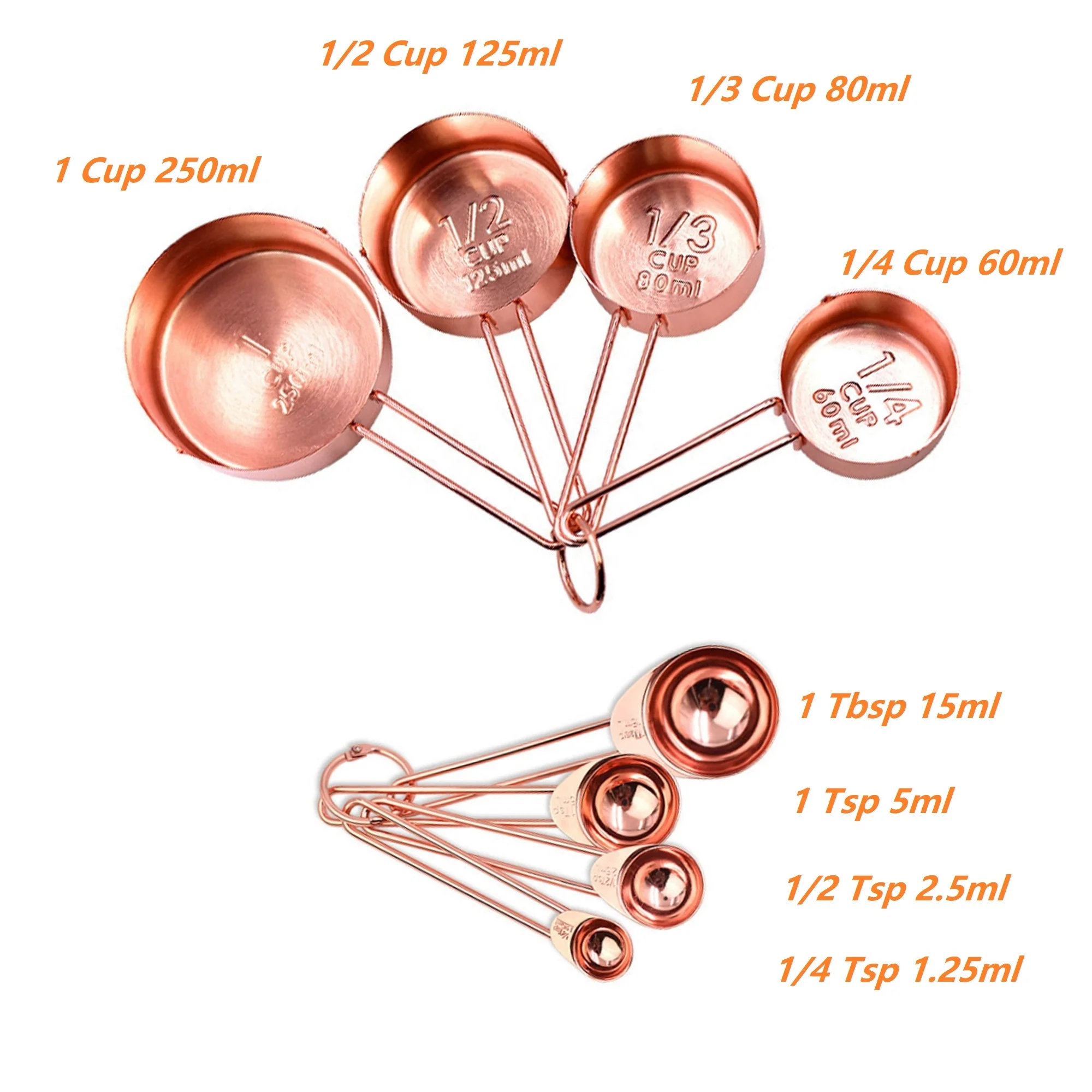 Gold and Rose Gold Color Stainless Steel Measuring Cups Measuring Spoons 8pcs Set