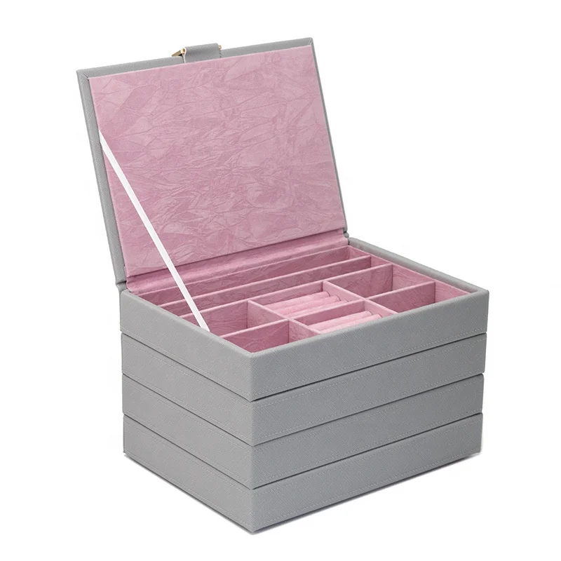 Popular light color stacker style pu leather jewelry storage box