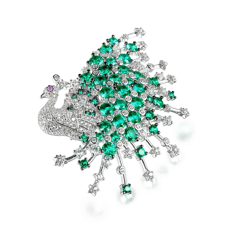 Customized Emerald Green Stone Peacock Brooches Jewelry Animal Peacock Flaunting Its Tail Brooches