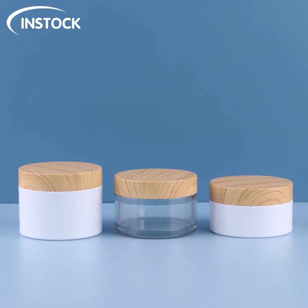 Instock Facemask Cosmetic Container with Wooden Lids Packaging Bottle 80ml 100ml 120ml Eye Face plastic Cream Cans Cosmetic Jar (1600245345276)