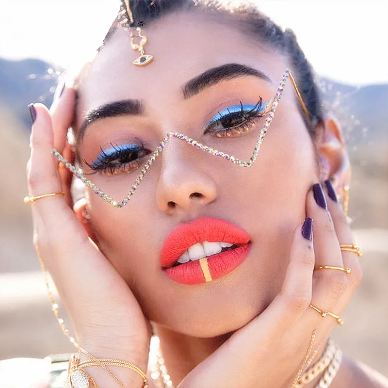 2020 New Arrivals Fashion Luxury Women Lensless V Shaped Glasses Diamond Rhinestone Eyeglasses Frames