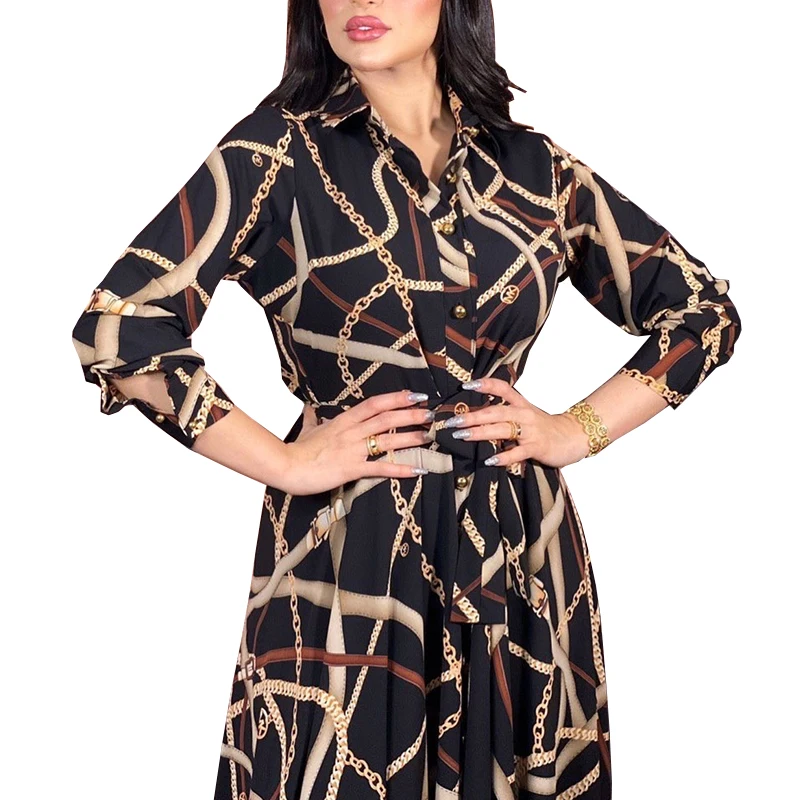 MQ012 European and American Long Sleeve Belted Printed Shirt Dress Muslim Women Clothing Dresses Women