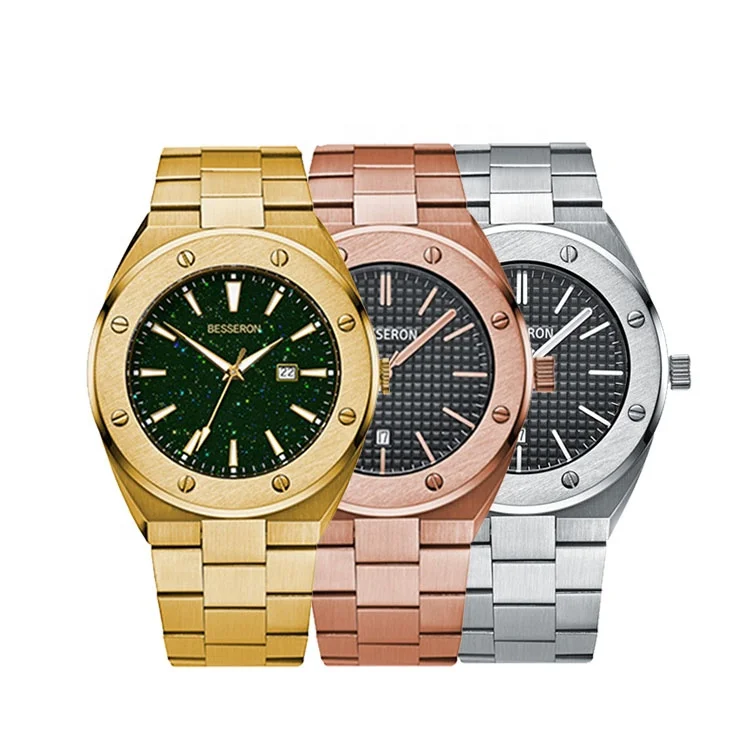 Besseron Hot Sale Watch 5Atm Water Resistant Mens Men Luxury 316 Gold Stainless Steel Case Face Quartz Watch