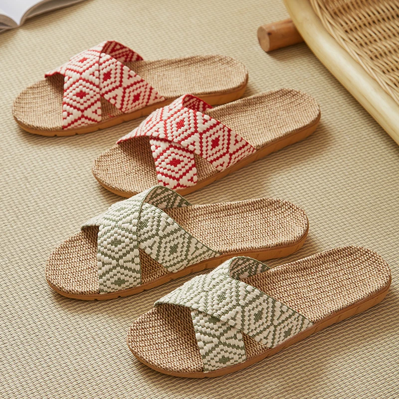 Unisex Indoor Hotel Hemp Slippers Summer Household Flax Light Weight Breathable Slides For Women