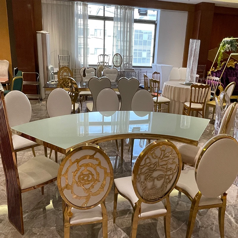 hot selling gold stackable design pu leather velvet round back stainless steel hotel banquet event wedding chair Dining Chairs