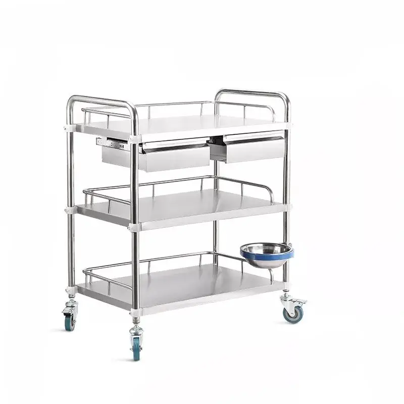 Hospital clinic double layer instrument tray stainless operating steel mayo trolley with drawer