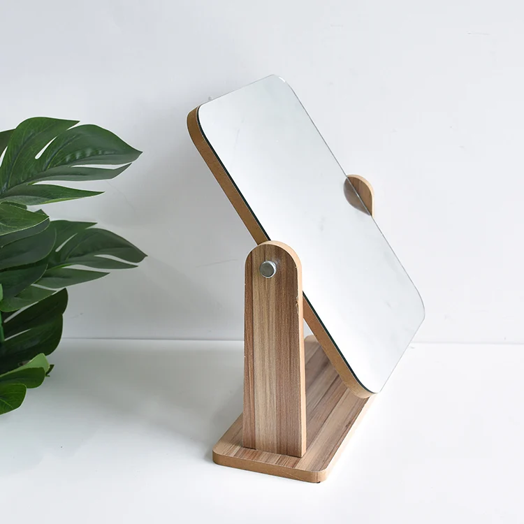 Wood Stand Rotatable Tabletop Makeup Mirror Rectangular Decorative Table Mirror Small Makeup Mirror