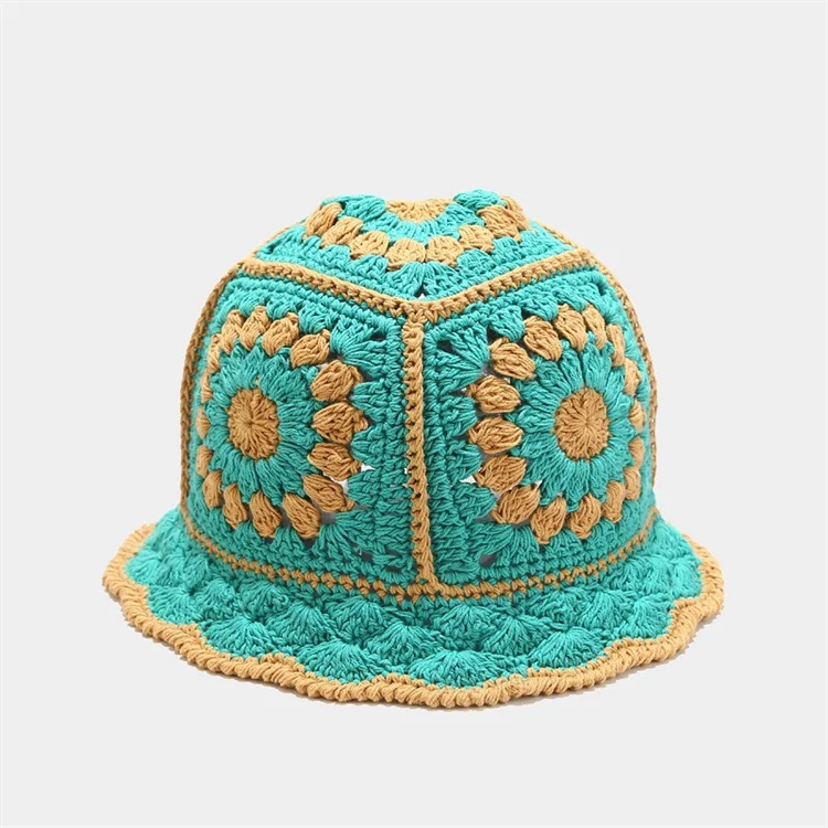 Custom Hollow Flower Winter Knitted Fisherman Cap Handmade Crochet Bucket Hat