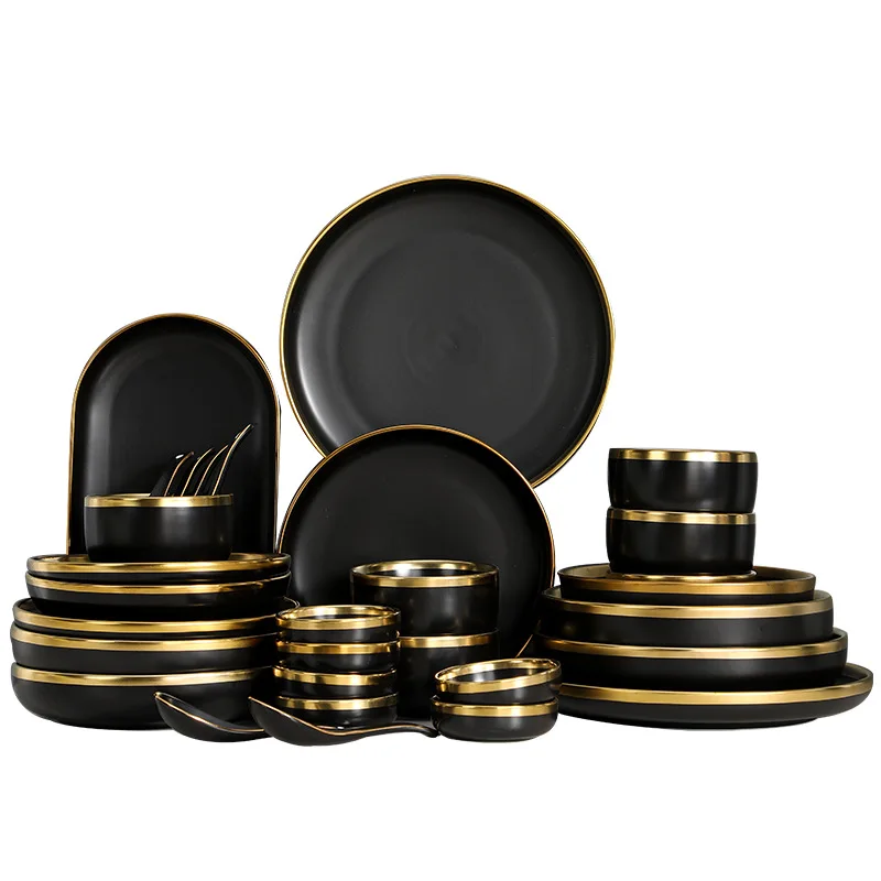 Hot sale luxury black phnom penh dinnerware china ceramic dinner set dinnerware sets