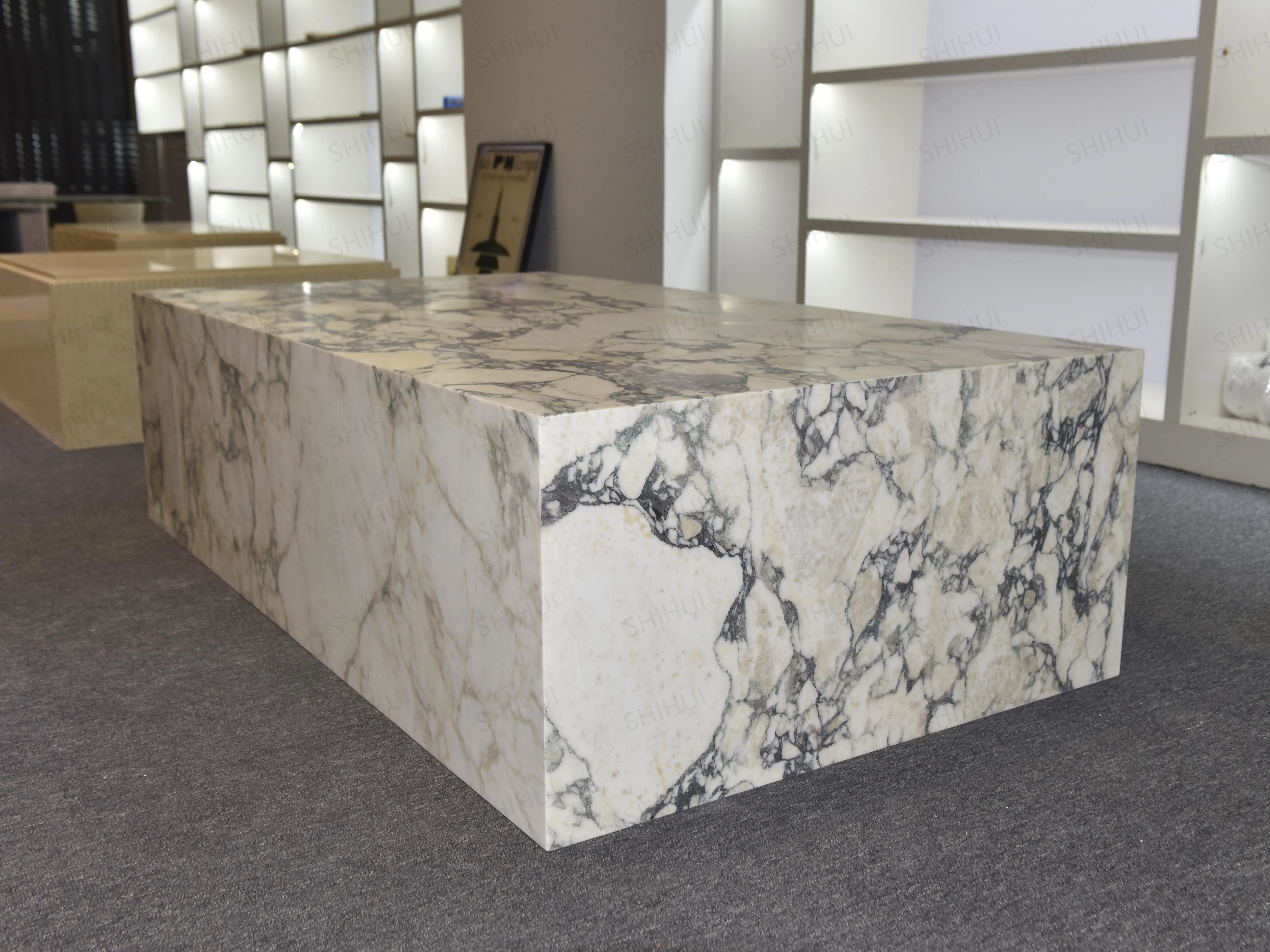 SHIHUI Natural Stone Modern Marmol Cube Rectangle Plinth Calacatta Viola Marble Coffee Table Cubic Side Table Display Plinth Box