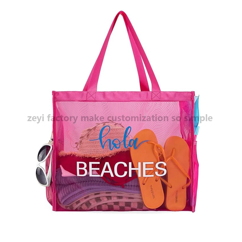 Custom Logo Large Mesh Beach Tote Bag Net Mesh Pool Bag for Womens Outdoor Cassi Lightweight Shoulder Handbag