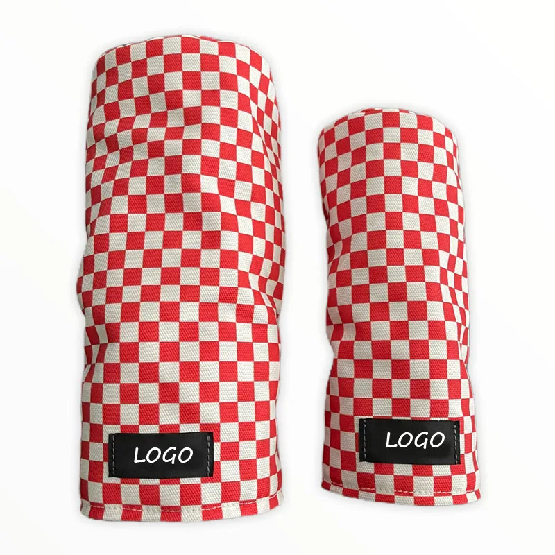 customized Red checkerboard pattern golf polyester fabric wood driver fairway hybrid NT club headcovers