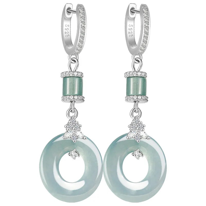 Fashion Jewelry A Type Natural Blue Jadeite Hoop Donut With White Topaz S925 Sterling Silver Earrings