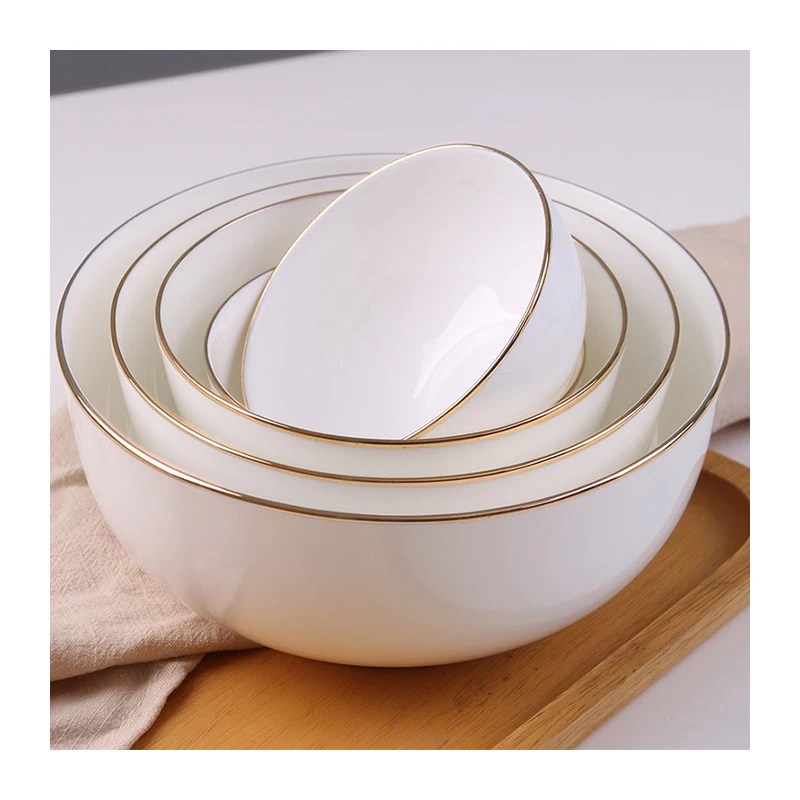Customized Gold Rim Ceramic Rice & Noodle Bowl Luxury round White Bone China Porcelain Serving Set for Hotels & Restaurants