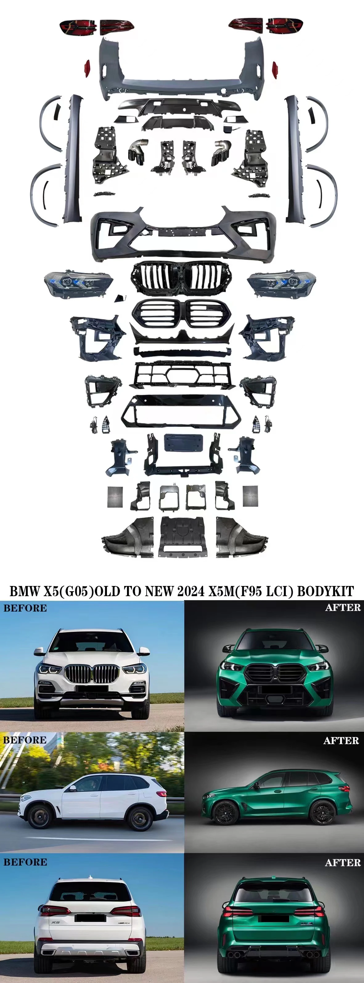 For bmw X5 (G05) 2018-2022 upgrade to 2024 X5M (F95 LCI) MT model bodykit include Front and Rear car bumper side skirts