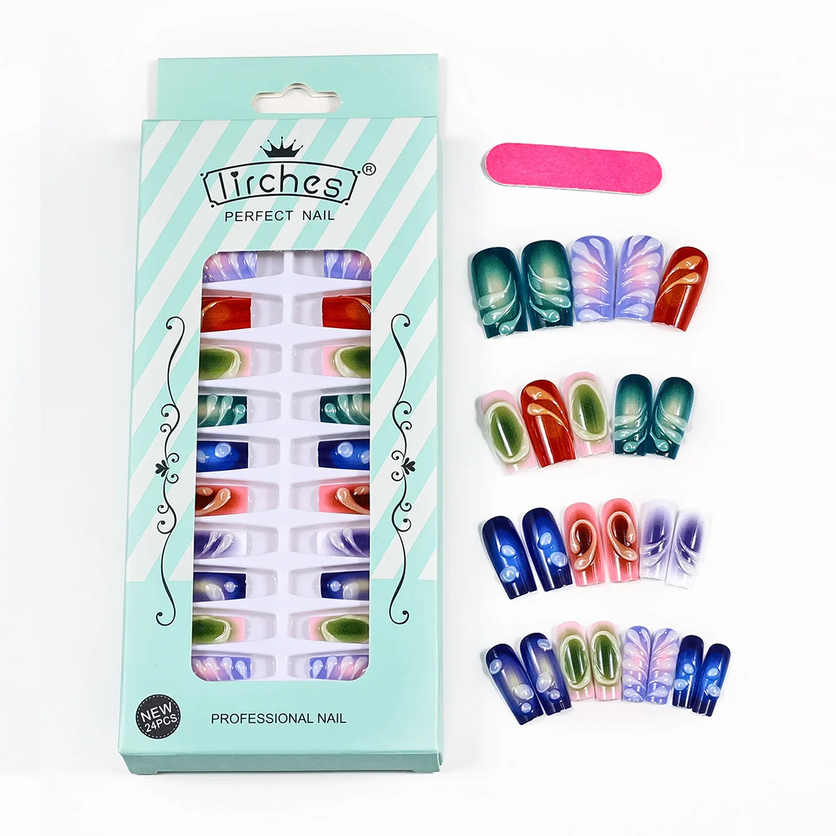 Square Long Press on Fake Nails 3D Soild Blooming Nail Art Decoration Colorful Gradient Manicure Press on Nails Long 24pcs